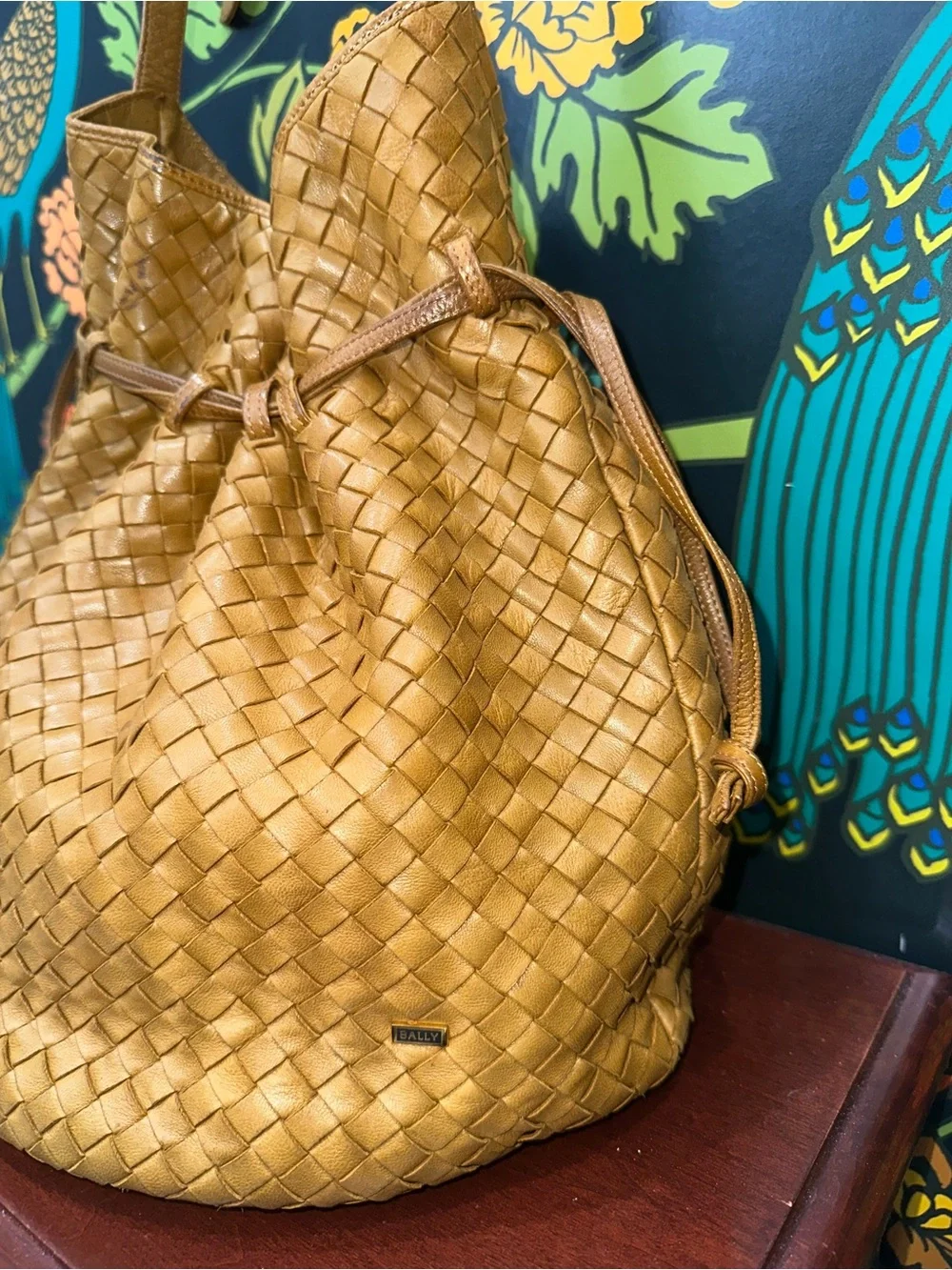 Vintage Bally International Woven Leather Drawstring Bucket Bag Lambskin Italy